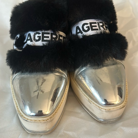 Karl Lagerfeld- “Birdie” metallic and black faux fur platform Loafers SZ 8 - Picture 7 of 13